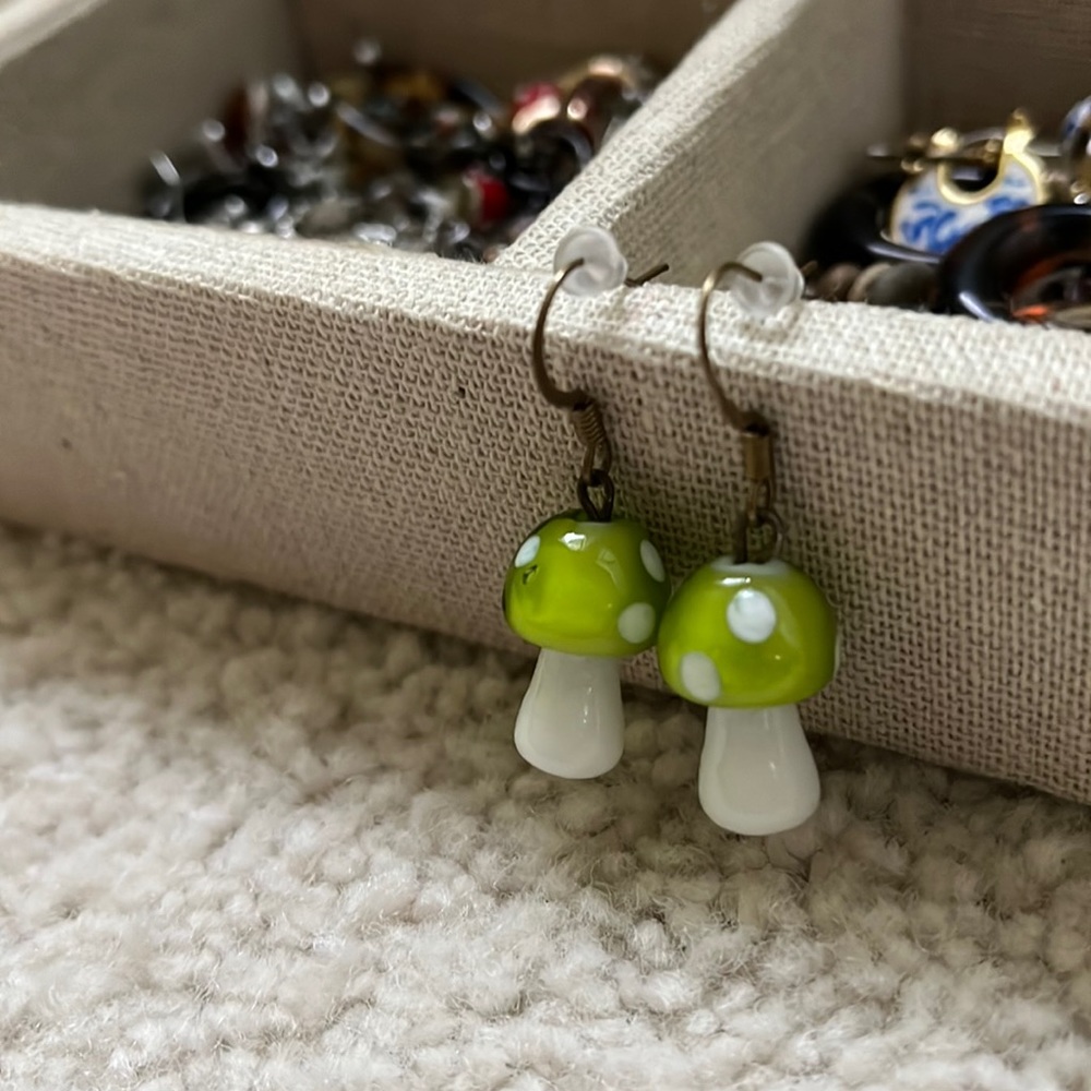 Handmade green glass mushroom earrings